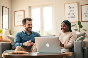 A couple connecting online through their Christian faith.