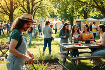 An illustration of diverse people connecting over shared values in community activities.