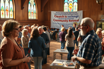 A diverse group of people engaged in a faith-based community event, symbolizing connection and shared beliefs.