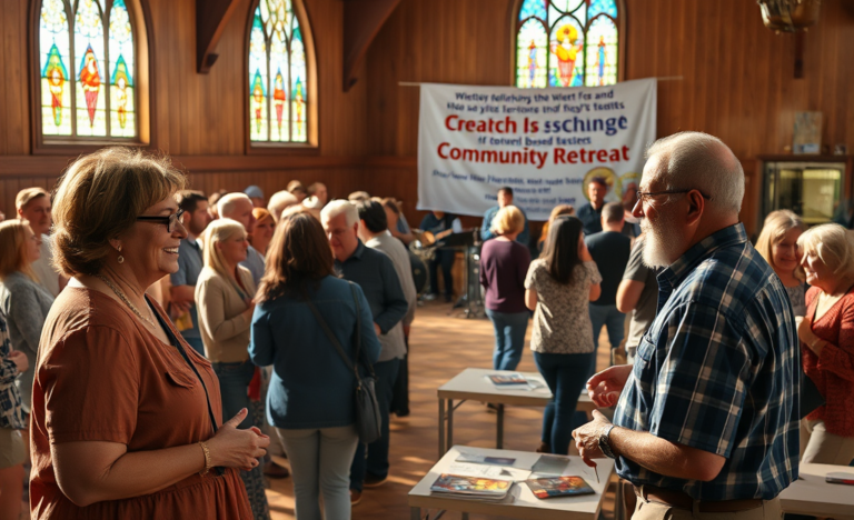 A diverse group of people engaged in a faith-based community event, symbolizing connection and shared beliefs.