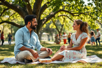 A couple discussing values and faith in a Christian relationship.