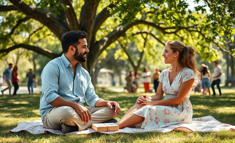 A couple discussing values and faith in a Christian relationship.