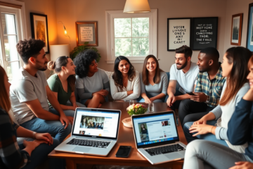 A diverse group of Christians engaging in community and discussions about faith-centered relationships.