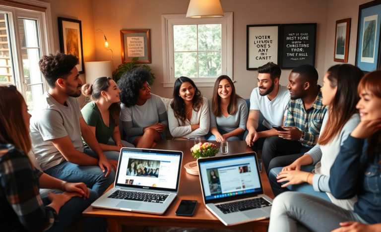 A diverse group of Christians engaging in community and discussions about faith-centered relationships.