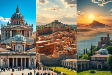 A collage of six significant Christian sites representing faith and spirituality.