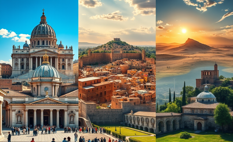 A collage of six significant Christian sites representing faith and spirituality.