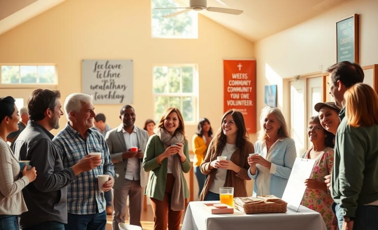 A loving couple sharing a moment in a church community setting.