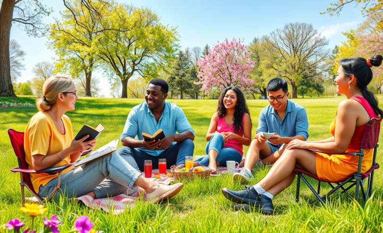A group of diverse individuals engaging in meaningful conversations about faith and community.
