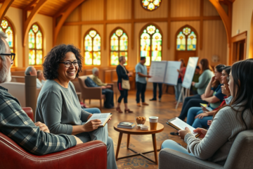 A diverse group of individuals engaging in faith-based activities, symbolizing the power of community and spiritual connections.