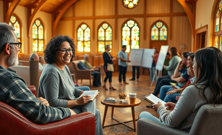 A diverse group of individuals engaging in faith-based activities, symbolizing the power of community and spiritual connections.