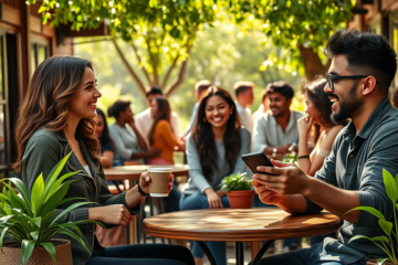 A diverse group of Christian singles engaging in online dating, exploring faith-based connections and relationships.