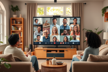 A diverse group of Christians engaging in online fellowship through virtual meetings and services.