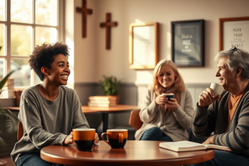 A diverse group of happy Christian singles looking for love through online dating services.