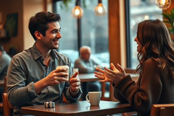 A couple engaging in a conversation about faith while using a Christian dating app.