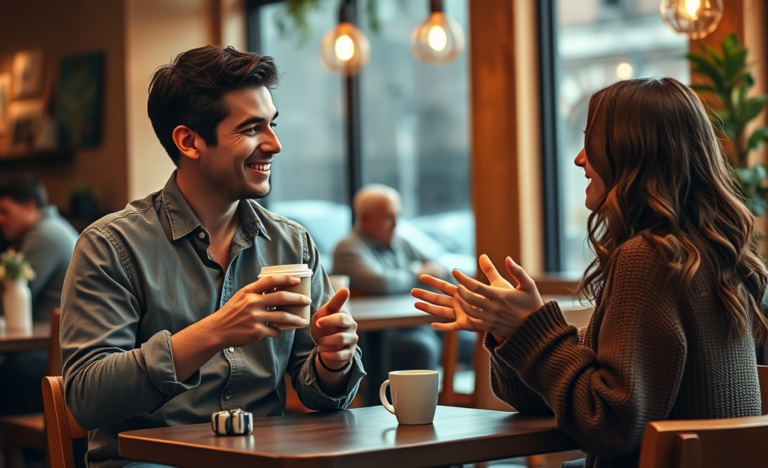 A couple engaging in a conversation about faith while using a Christian dating app.