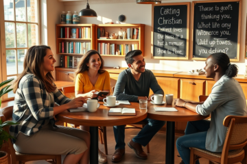 A couple using a dating app on their smartphones with a Christian theme.