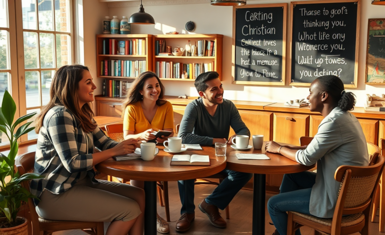 A couple using a dating app on their smartphones with a Christian theme.